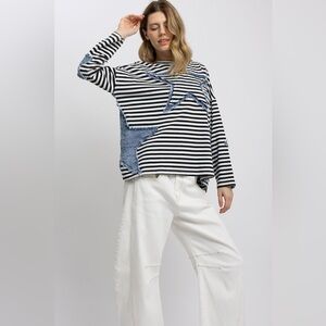 Blue Velvet-Striped Black and White Women's Top